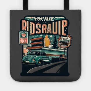 A graphic that captures the vintage vibe of a classic road trip, complete with iconic roadside attractions and retro typography. Tote