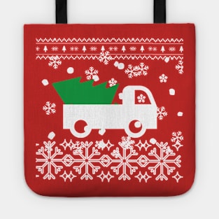 Ugly Christmas sweater design with a truck and Christmas tree Tote