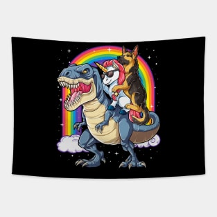 German Shepherd Unicorn Riding Dinosaur Rainbow Tapestry