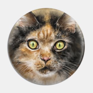 Painting of a Calico Tri-Color Fluffy Cat with Gorgeous Green Eyes Pin