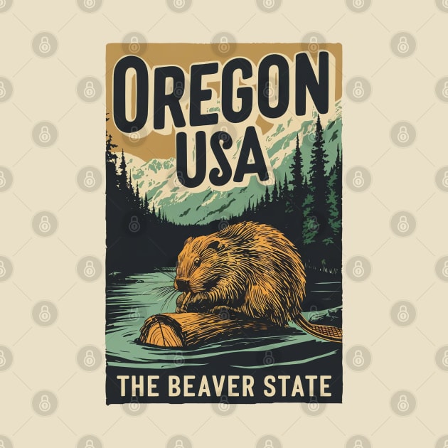 Vintage Retro Oregon USA Beaver by AI Art Originals