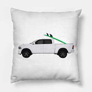 Green surf board in white pickup truck Pillow