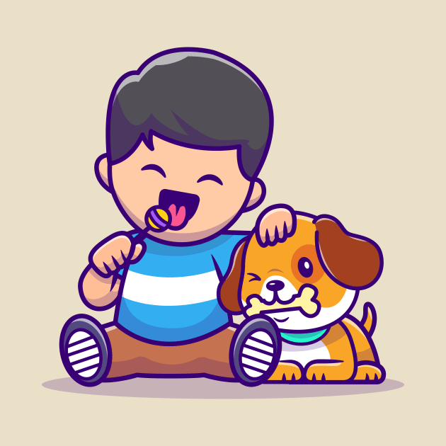 Cute Boy Eating Lollipop With Dog Eating Bone by Catalyst Labs