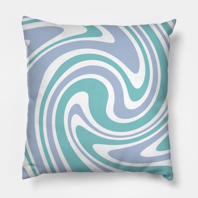 Retro 70s Abstract Swirl Blue Wavy Ocean Pattern Pillow by Trippycollage