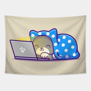Cute Cat Watching Movie On Laptop With Blanket Tapestry
