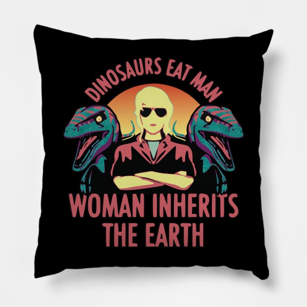 Dinosaurs Eat Man Woman Inherits The Earth Dinosaur Pillow by RuftupDesigns