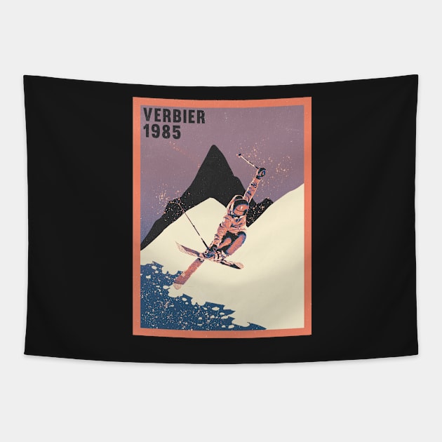 Verbier ski mountains 1985 vintage skiing 80's Tapestry by Captain-Jackson