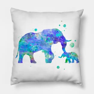 Blue Mom and Baby Elephant Watercolor Painting Pillow