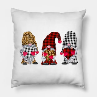 Three Gnomes  Holding Hearts Leopard Print Buffalo Plaid Valentines Day Shirt Pillow