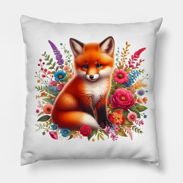 A red fox decorated with beautiful colorful flowers. Pillow by CreativeSparkzz