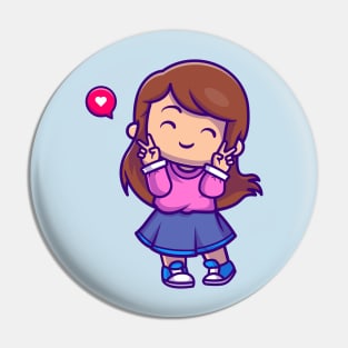 Cute Girl With Peace Sign Cartoon Pin