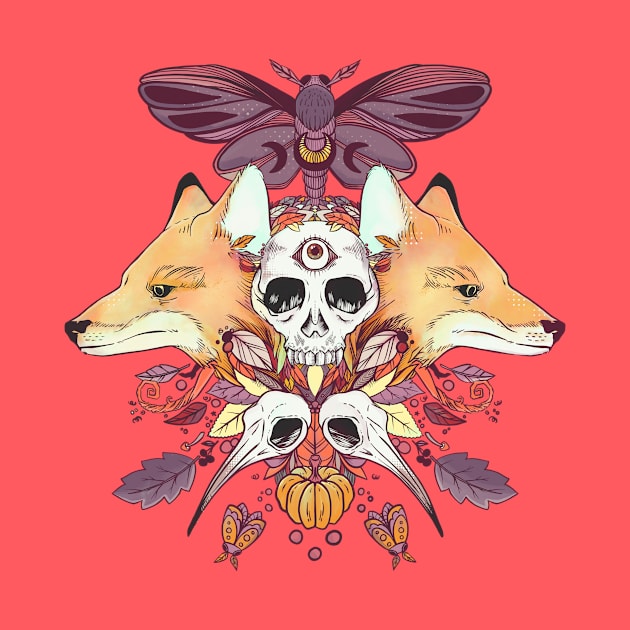 Foxes Hummingbird Skulls Autumn Artwork by cellsdividing