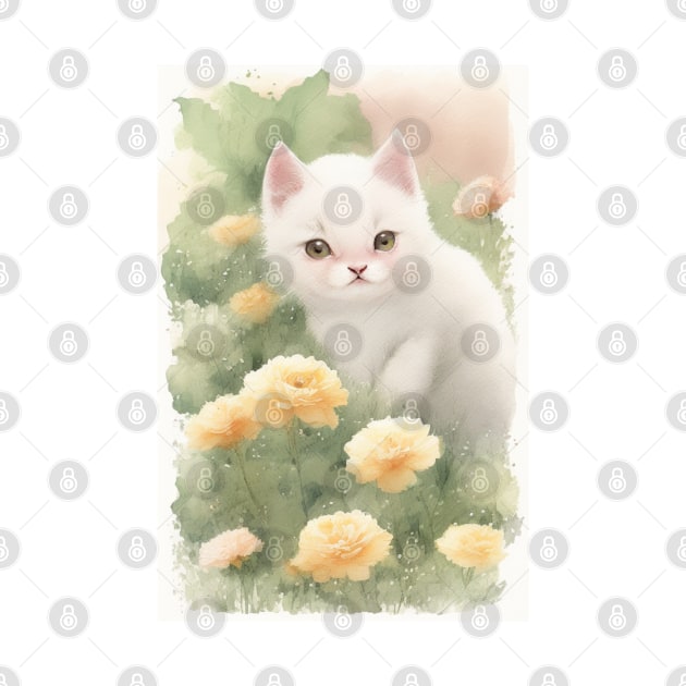 White Cat in the Flower Garden Soft Pastel Colours by Stades