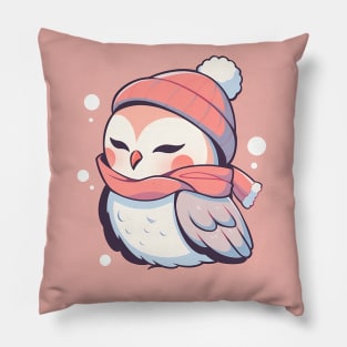 Cute Adroable Kawaii Baby Owl Wearing a Hat and Scarf Pillow