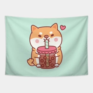 Cute Chubby Shiba Inu Dog Loves Bubble Tea Tapestry