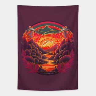 Retro Sunset River Tapestry