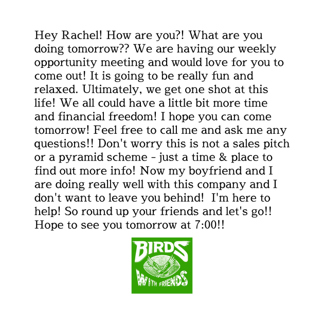 This is not a pyramid scheme (dark text) by Birds With Friends