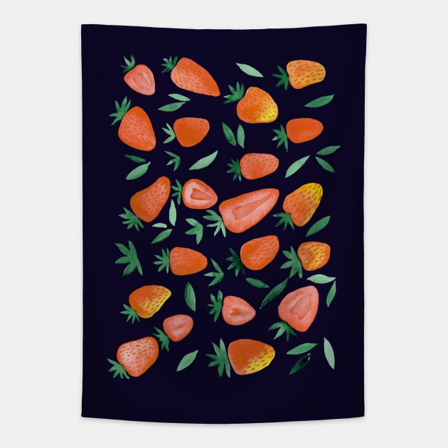 Watercolors strawberries - orange on dark background Tapestry by wackapacka