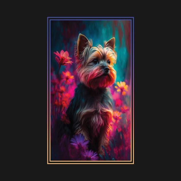 Yorkshire Terrier Dog Vibrant Tropical Flower Tall Digital Oil Painting Portrait 2 by ArtHouseFlunky