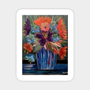 A lovely boutique of abstract vibrant bright colorful  flowers in a glass vase Magnet