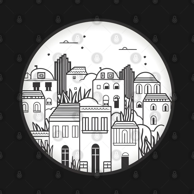 Simplistic Monochrome Mediterranean Village Illustration by AIHRGDesign