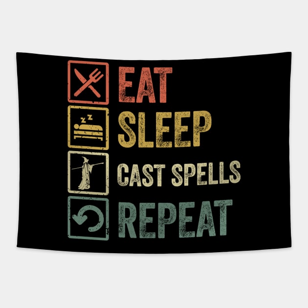 Funny eat sleep cast spells repeat retro vintage Tapestry by Lyume