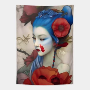 Dreamy Surreal Cute Japanese Girl with a floral design and flowers Tapestry