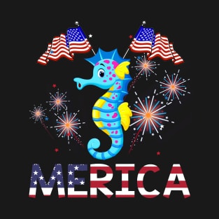 Merica Seahorse Usa American Flag Independence T-Shirt