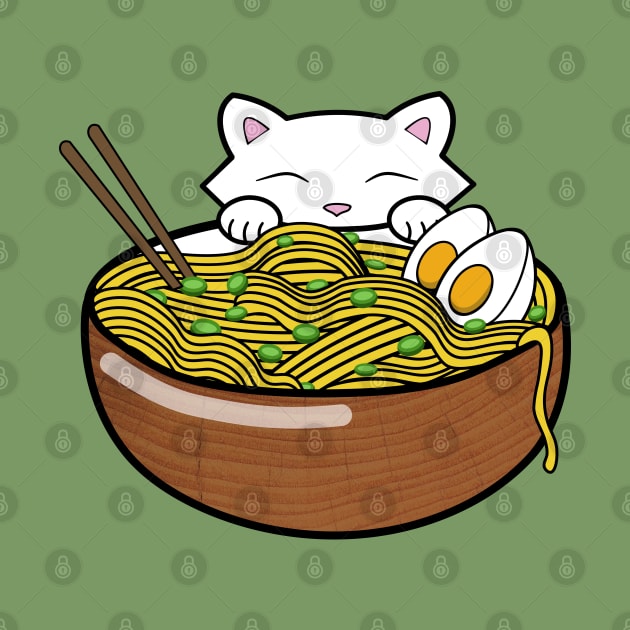 Cute cat eating ramen noodles from a wooden bowl by Purrfect