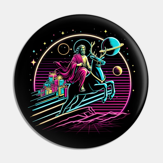 COOL JESUS RIDING RAINDEER SLEIGH RETRO 80'S NEON VIBE Pin by athirdcreatives