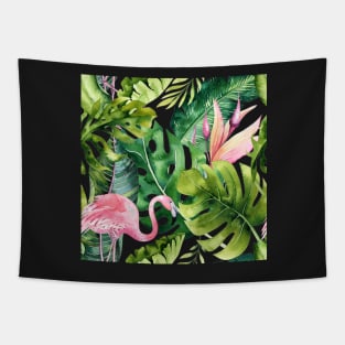 Watercolor Pink Flamingo + Tropical Foliage Pattern Tapestry