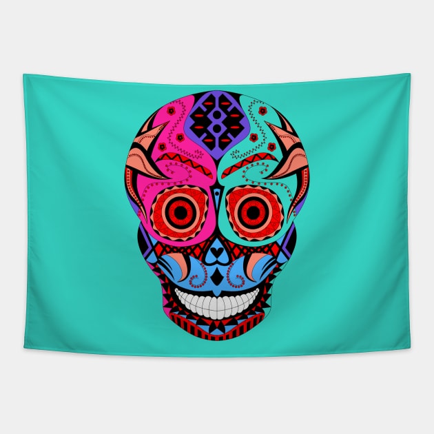 skeleton smile in mexican pattern in blue Tapestry by jorge_lebeau