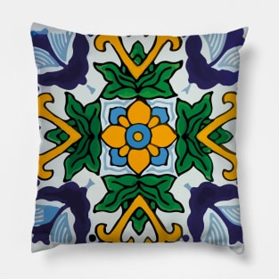 Floral baby blue mexican tile retro pattern Pillow