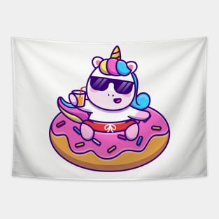 Cute Unicorn Swimming With Donut Balloon And Holding Juice Tapestry