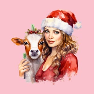 Farm Lady with Cow Celebrate Christmas T-Shirt