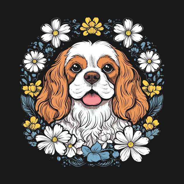 King Charles Spaniel with daisies illustration by gezwaters