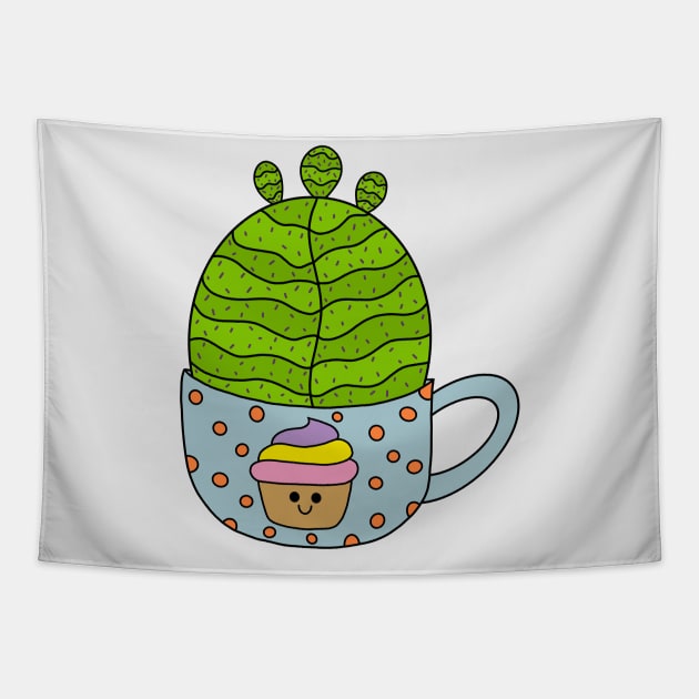 Cute Cactus Design #150: Small Barrel Cactus In Cute Cupcake Mug Tapestry by DreamCactus