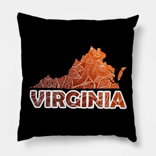 Colorful mandala art map of Virginia with text in brown and orange Pillow