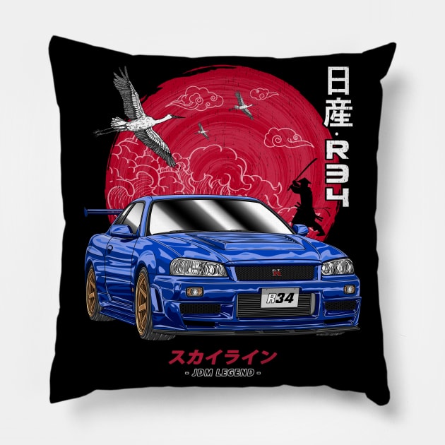 Nissan Skyline GTR R34 Back Print Pillow by Guyvit