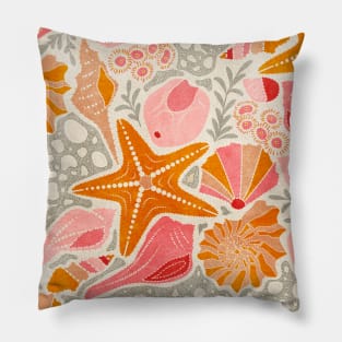 Just Beachy- Seashells Starfish on Sand- Beach Combers Delight- Orange Pink Pillow