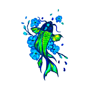 Green Koi Carp Blue Flowers T-Shirt