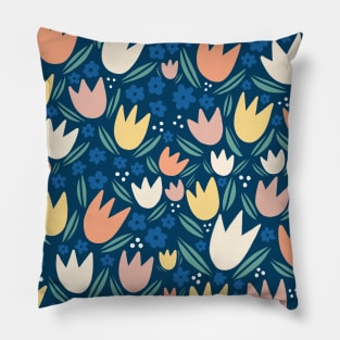 Navy Colorful Spring Tulips Pattern Pillow