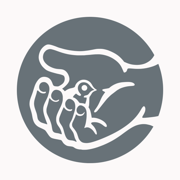 A small bird in a hand, as a symbol of care and compassion  in grey ink by croquis design