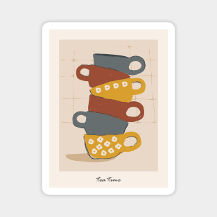 Tea time, Retro art, Coffee mug, Cute cups art print, Exhibition print, Kitchen decor, Ceramics Magnet