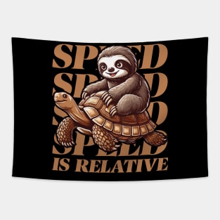 Funny Retro Lazy Sloth Riding Tortoise Speed is Relative Tapestry