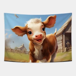 Barnyard Bliss: Happy Calf Frolic Tapestry