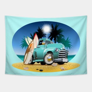 Cartoon retro pickup on beach Tapestry