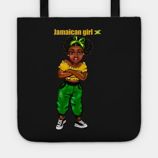 Jamaican girl with crossed arms and colours of Jamaican flag in black green and gold inside a heart shape Tote
