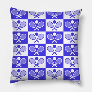 Checkered Tennis Seamless Pattern - Racket and Ball in Blue and White Tones Pillow