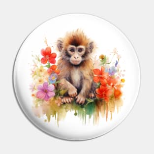 Watercolor picture of a cute little monkey with beautiful colored flowers. Pin